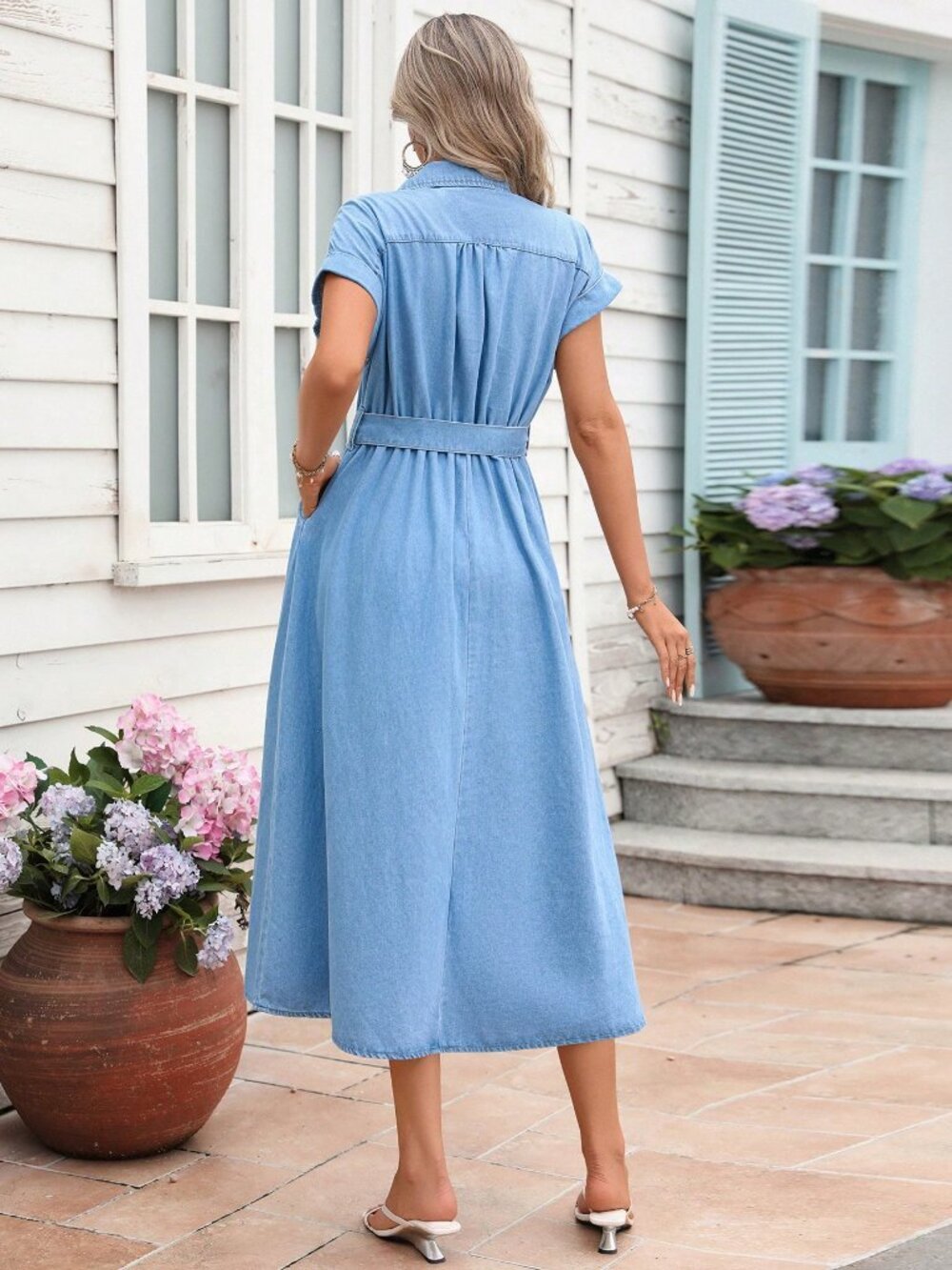 Light Wash Casual Women's Short Sleeve Single-Breasted Denim Dress - Picture 2 of 7